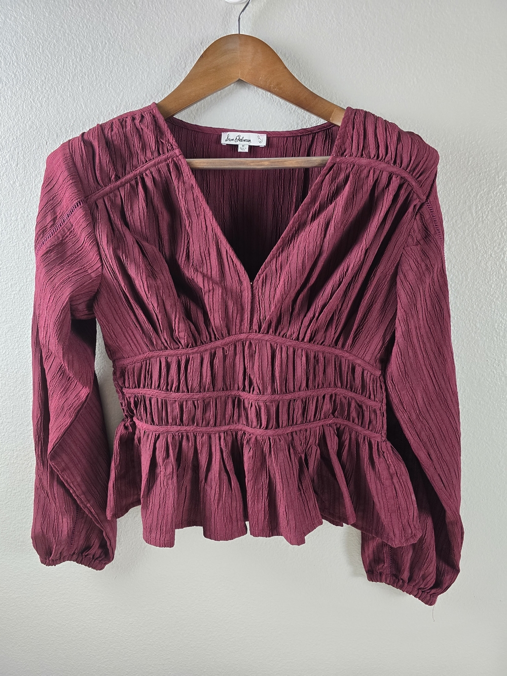 Sam Edelman, Fire Wine Red V-Neck Peplum Blouse